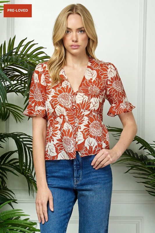 "PRE-LOVED" ASIAN FLOWER COVER BUTTON BLOUSE