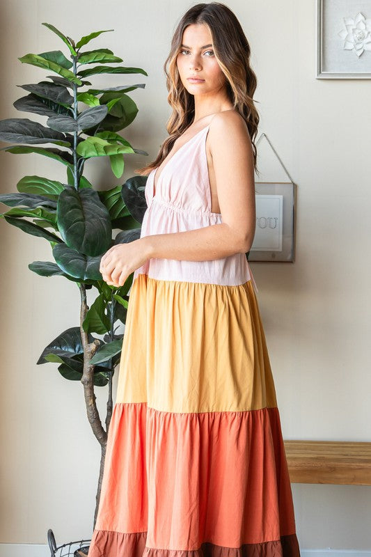 MULTI COLOR TIERED MAXI DRESS-PINK