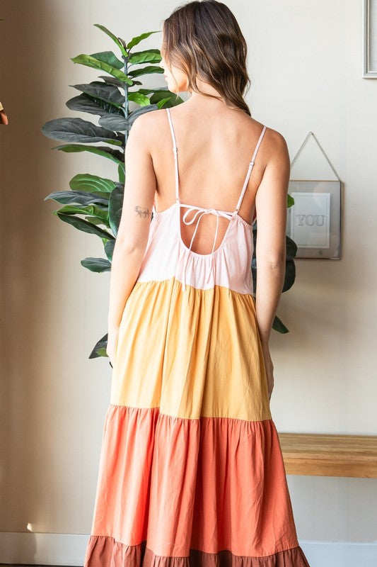 MULTI COLOR TIERED MAXI DRESS-PINK