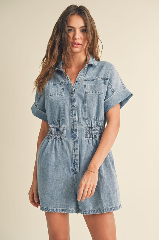 MIX AND MATCH DENIM PATCHED ROMPER